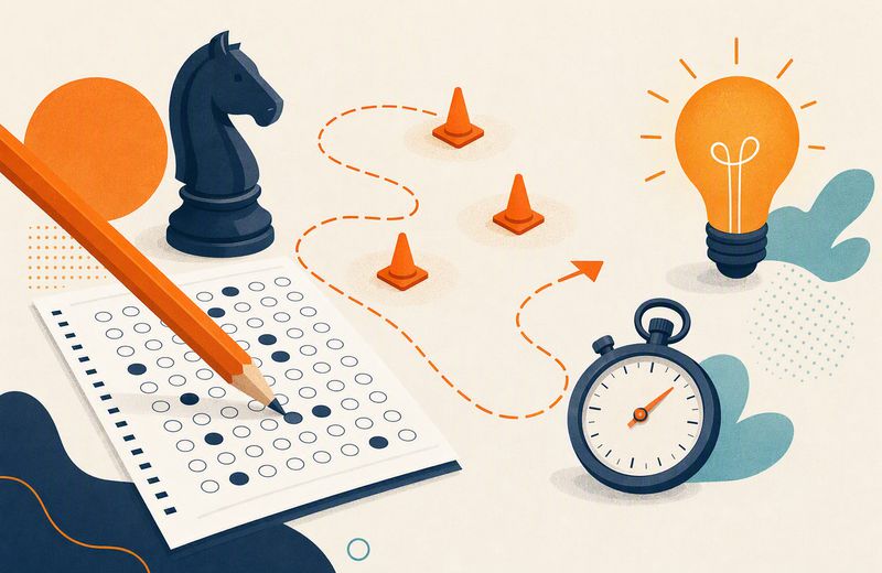 KPSS sınav taktikleri: optik form, satranç atı ve kronometre illüstrasyonu